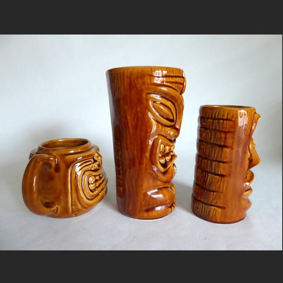 NEW 2000 - 2003 TIKI FARM SQUID DESIGNED JAVA WARRIOR BROWN CERAMIC TIKI MUG SET - Picture 7 of 12